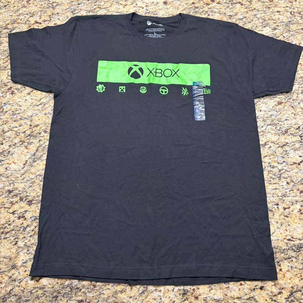 Xbox Mens T-Shirt Black Neon Green Logo Gaming Icons Size L Athletic Fit ws